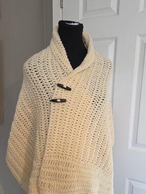 Cream Crochet Cream Crochet Shawl Sweater with Toggle Closure